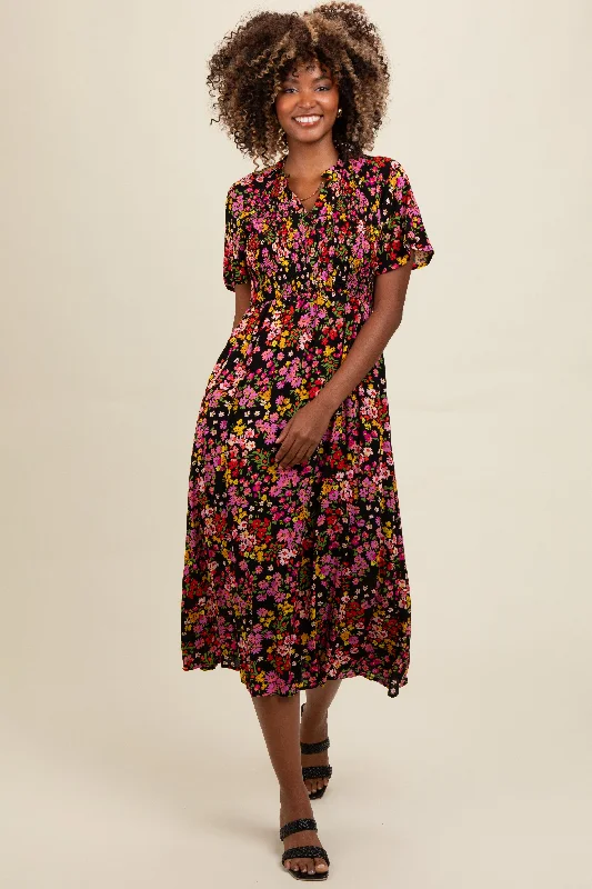 Unique Women's Fashion Pieces Black Floral Smocked Button Up Midi Dress