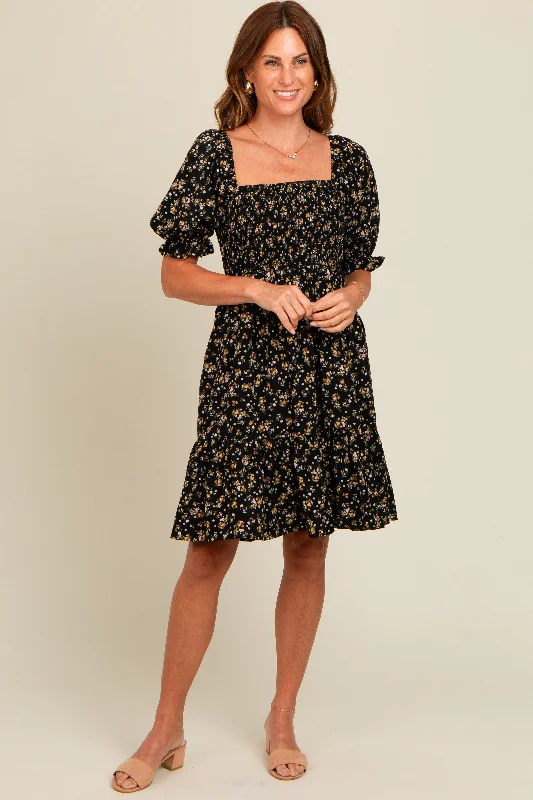 Casual Garments For Women Black Floral Smocked Puff Sleeve Dress