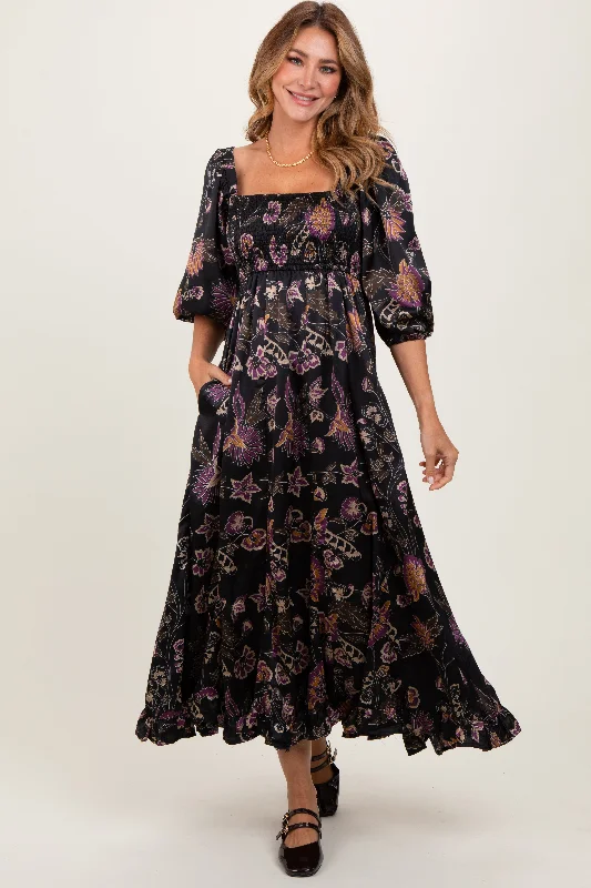 Vibrant Femme Fashion Black Floral Smocked Ruffled Hem Maxi Dress