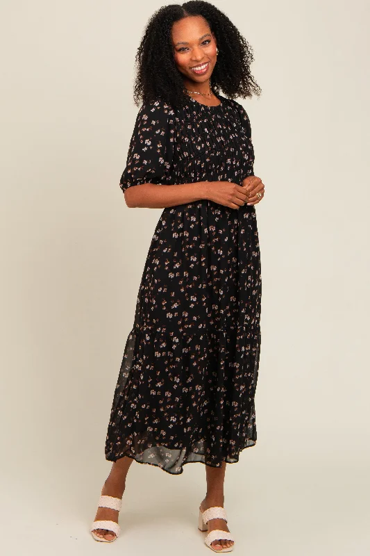 Rocker Chic Fashion Black Floral Smocked Sash Tie Midi Dress