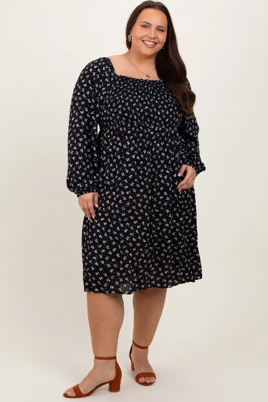 Women's Plus-Size Outfit Black Floral Smocked Square Neck Plus Midi Dress