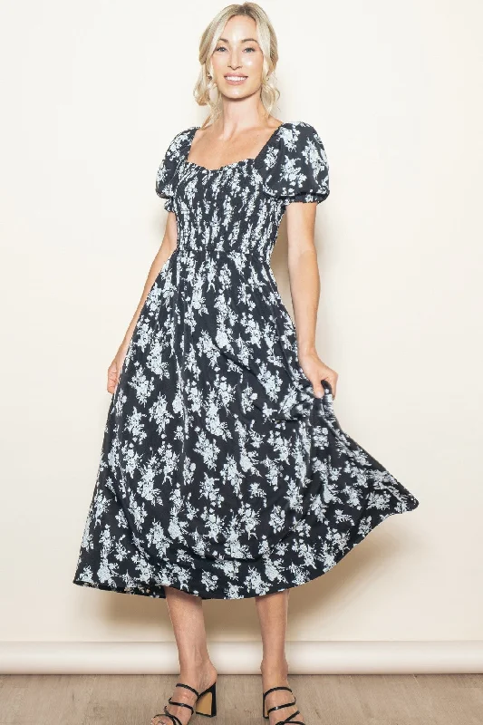 Flash Sales This Week Black Floral Smocked Sweetheart Neckline Midi Dress