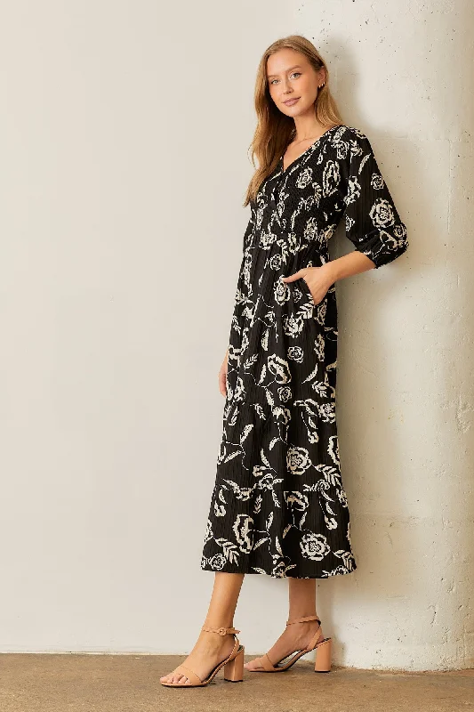 Women's Clothes And Apparel Black Floral Smocked Tiered Dress