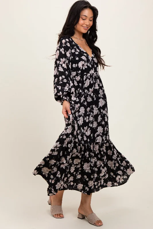 Women's Evening Garments Black Floral Textured Bubble Sleeve Maxi Dress