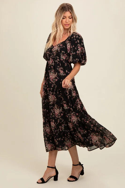 Stylish Savings Black Floral Tiered Puff Sleeve Maxi Dress