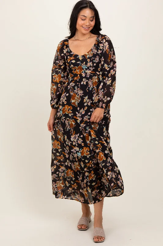 Women's Activewear Apparel Black Floral V-Neck Long Sleeve Midi Dress