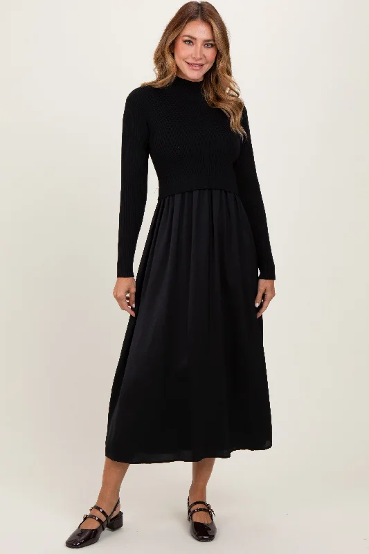 Minimalist Style Black Knit Contrast Top Satin Midi Dress