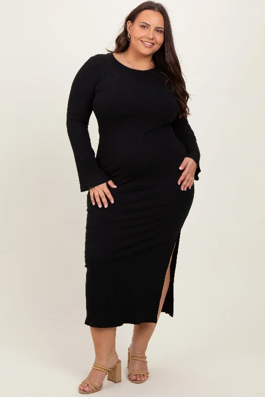 Casual Chic Black Ribbed Side Slit Plus Maxi Dress