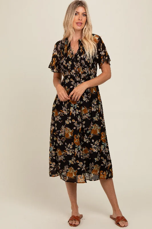 High Street Women's Fashion for Trendy Shoppers Black Smocked Floral Midi Dress