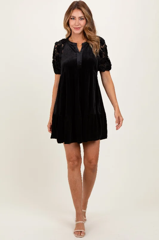 Best Boutiques Online Black Velvet Floral Lace Short Sleeve Dress