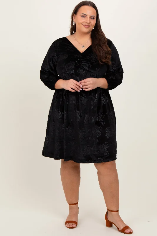 Trendy Women's Wear Black Velvet Floral Ruched Neck Plus Dress