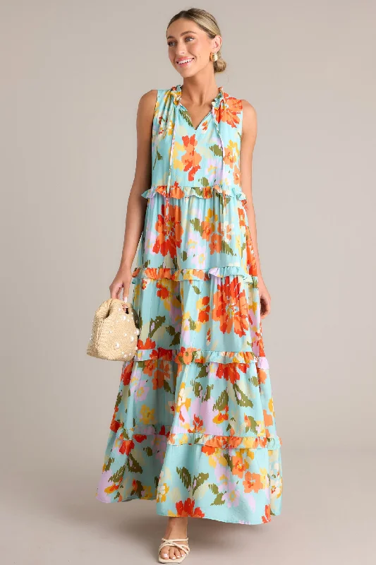 Clearance Sale Blossom Breeze Sky Blue Multi Floral Maxi Dress