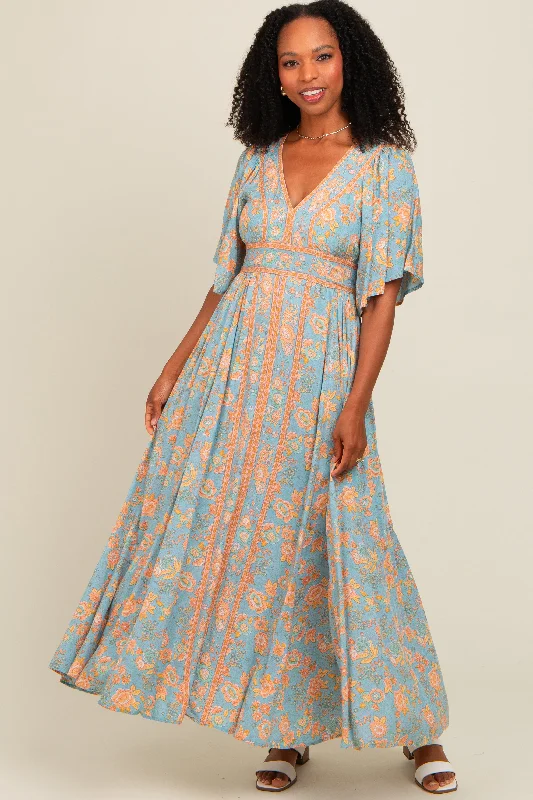 Women's Floral Print Outfit Blue Floral Border Print Flutter Sleeve Maxi Dress