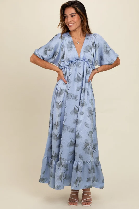 Latest Fashion Blue Floral Chiffon Ruffle Accent Maxi Dress