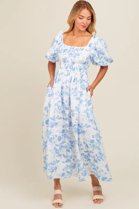 Elegant Styles Blue Floral Puff Sleeve Midi Dress