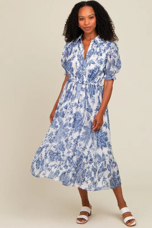 Women's Occasion Wear Apparel Blue Floral Ruffle Accent Button Up Midi Dress