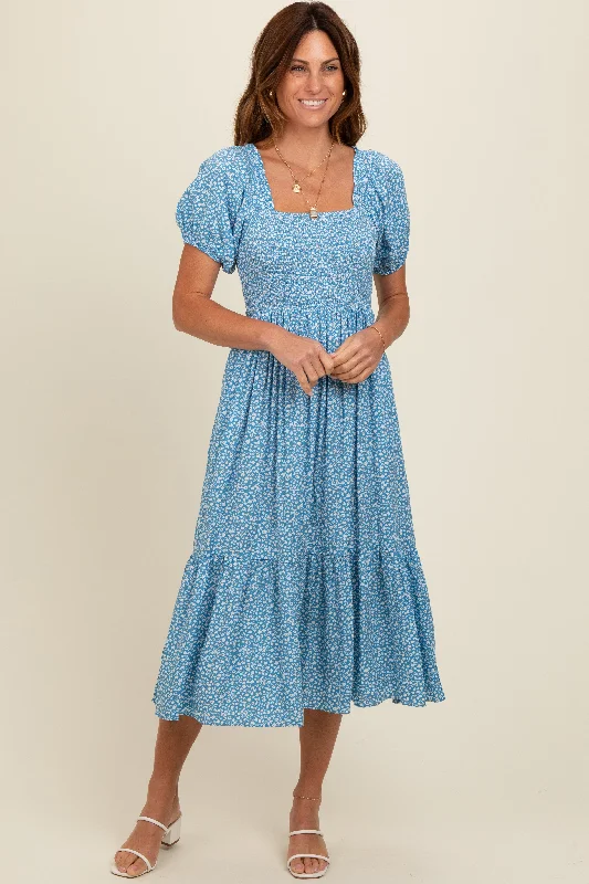 Imeless Style Blue Floral Smocked Ruffle Hem Midi Dress