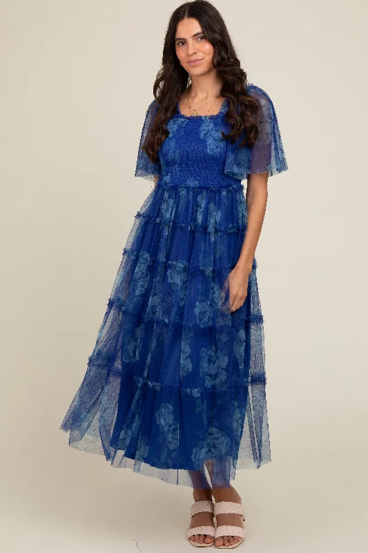 Sales For Clothes Blue Floral Smocked Tulle Maxi Dress