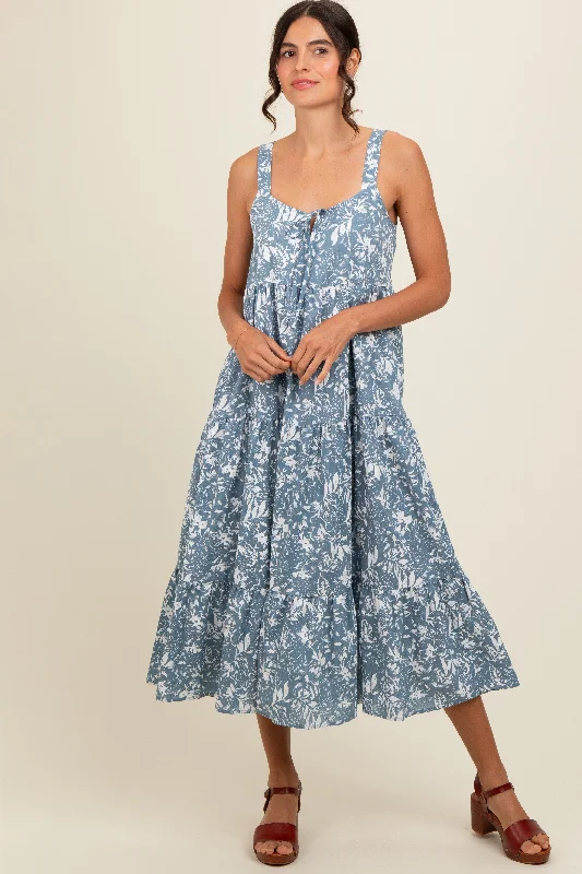 Women's Evening Garments Blue Floral Tiered Midi Dress