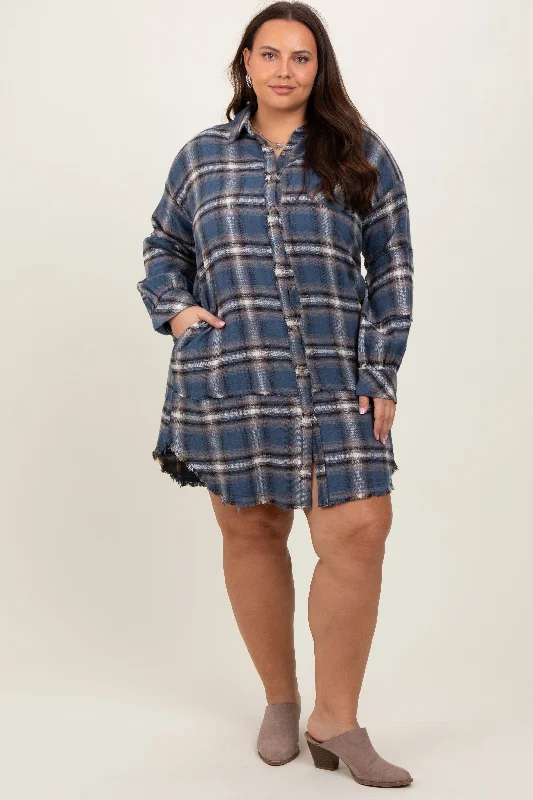 Online Boutiques Clothing Blue Plaid Button Down Raw Hem Plus Dress