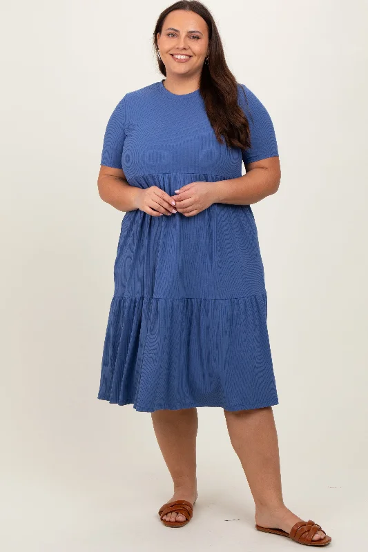 Sale On Sale Blue Ribbed Tiered Plus Dress