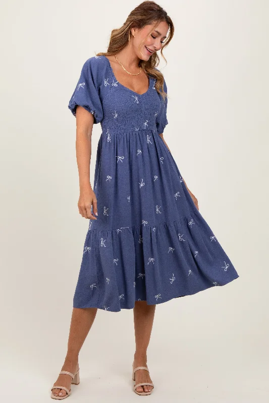 Women's Holiday Outfit Blue Ribbon Print Smocked Midi Dress