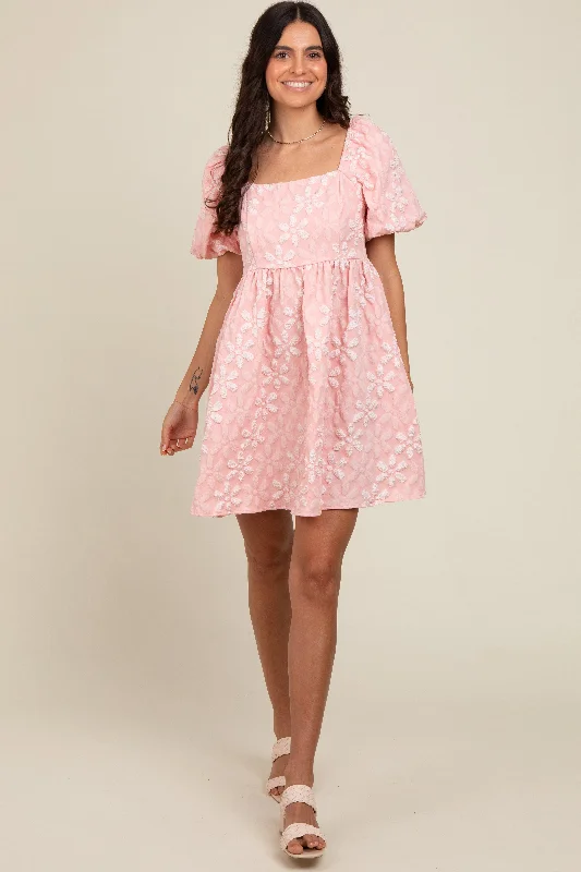 Chic Outfits Blush Floral Embossed Puff Sleeve Dress