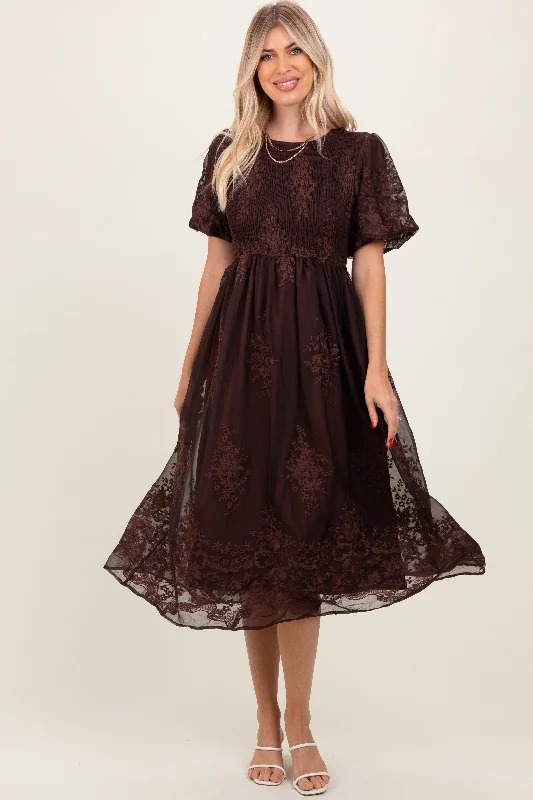 Women's Clothes And Garments Brown Floral Embroidered Mesh Overlay Smocked Midi Dress