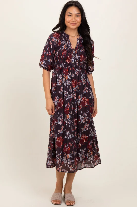 Vintage-Inspired Women's Apparel Brown Floral Smocked Button Down Midi Dress