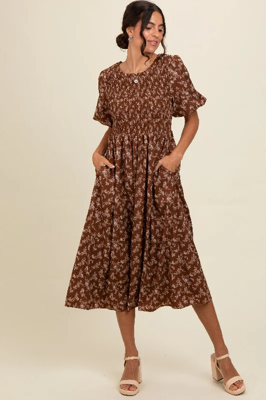 Sale Clearance Brown Floral Smocked Midi Dress