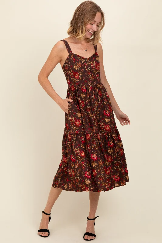 Luxury Fashion Brown Floral Sweetheart Neck Button Down Midi Dress