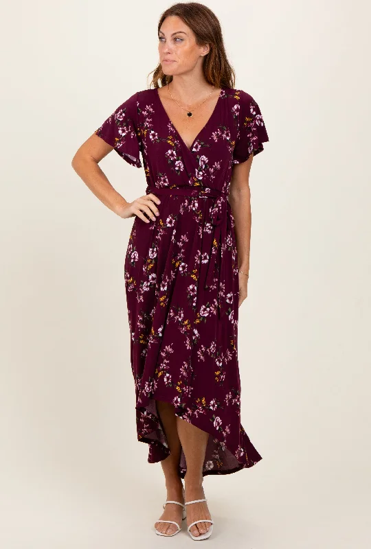 Stylish Women's Garments Burgundy Floral Short Sleeve Wrap Hi-Low Maxi Dress