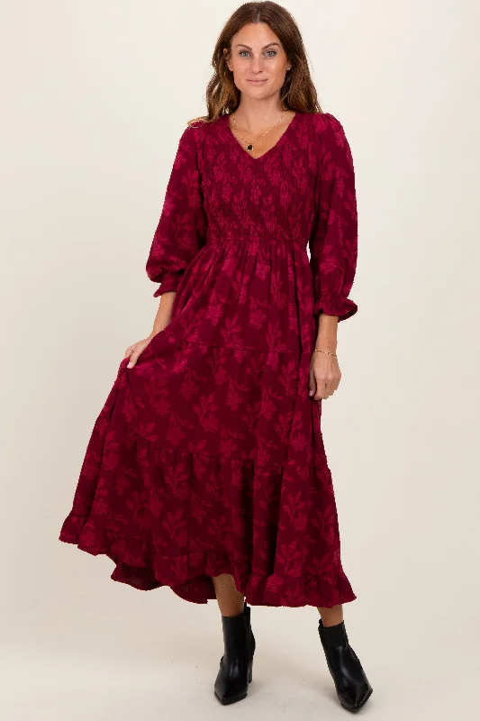 Women's Transitional Garments Burgundy Floral Smocked V-Neck Maxi Dress