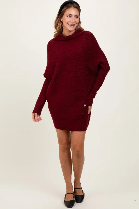 Woman Clothing Burgundy Funnel Neck Dolman Sleeve Mini Dress