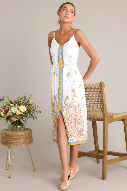 Luxe Women's Fashion Bursting Blooms Ivory Multi Floral Midi Dress