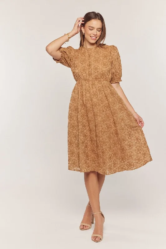 Classic Women's Clothing Styles Camel Floral Embroidered Overlay Midi Dress