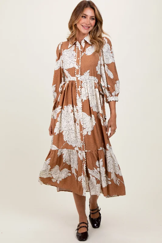 Fashion Essentials Camel Floral Print Cinched Tie Waist Shirt Dress