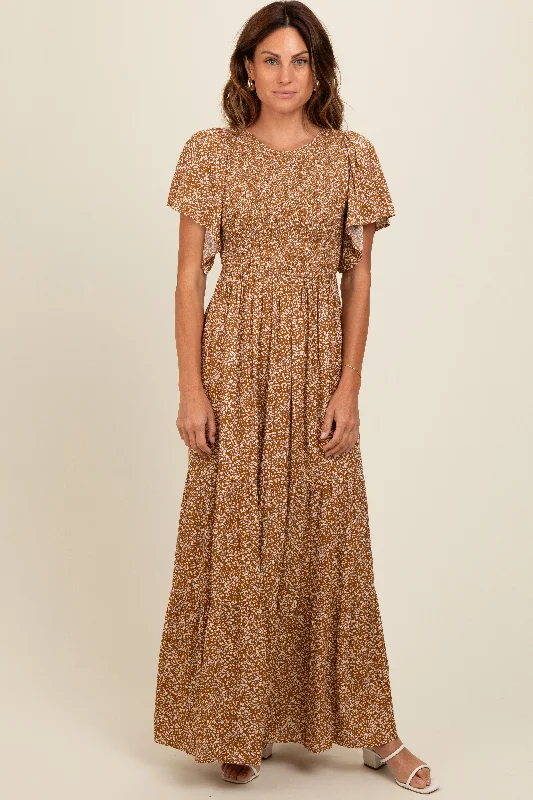 Weekend Sale Camel Floral Smocked Flutter Sleeve Maxi Dress