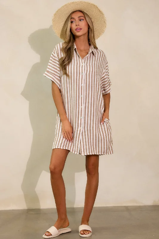 Affordable Women's Fashion Chasing Joy Taupe Stripe Button Front Mini Dress