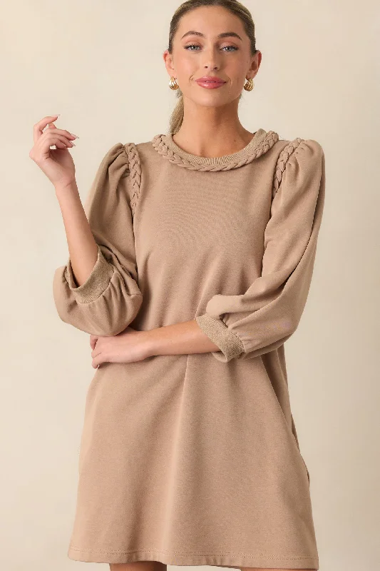 Women's Casual Wear Outfit Cocoa Haze 100% Cotton Tan Long Sleeve Mini Dress