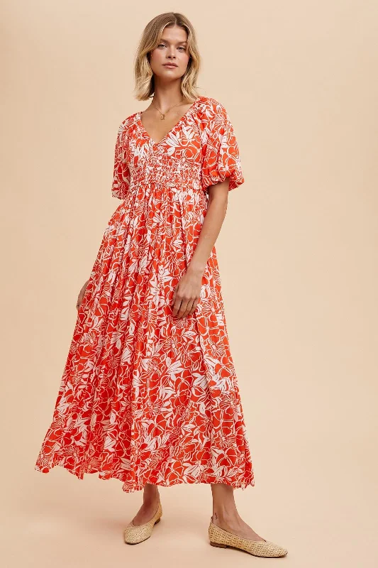 Bold and Elegant Women's Fashion Coral Red Resort Print Puff Sleeve Maxi Dress