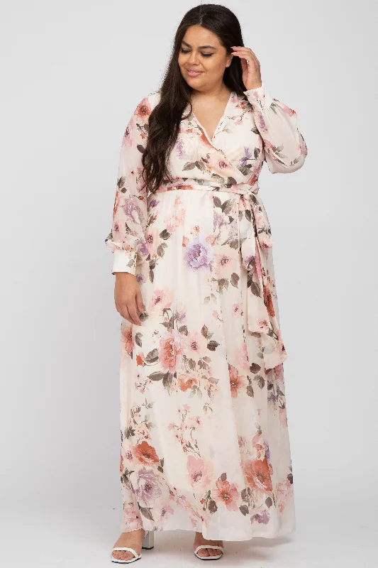 Holiday Special Offers Cream Floral Chiffon Long Sleeve Pleated Maxi Dress