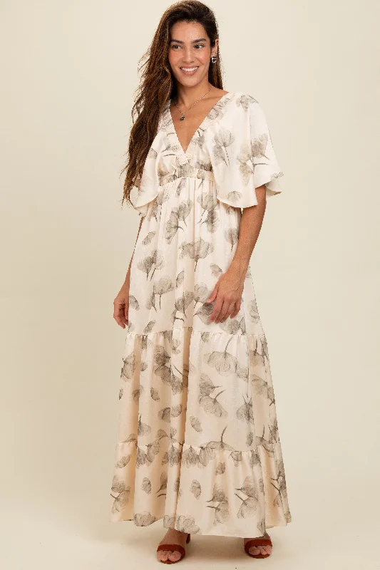 Everyday Wear Cream Floral Deep V-Neck Maxi Dress