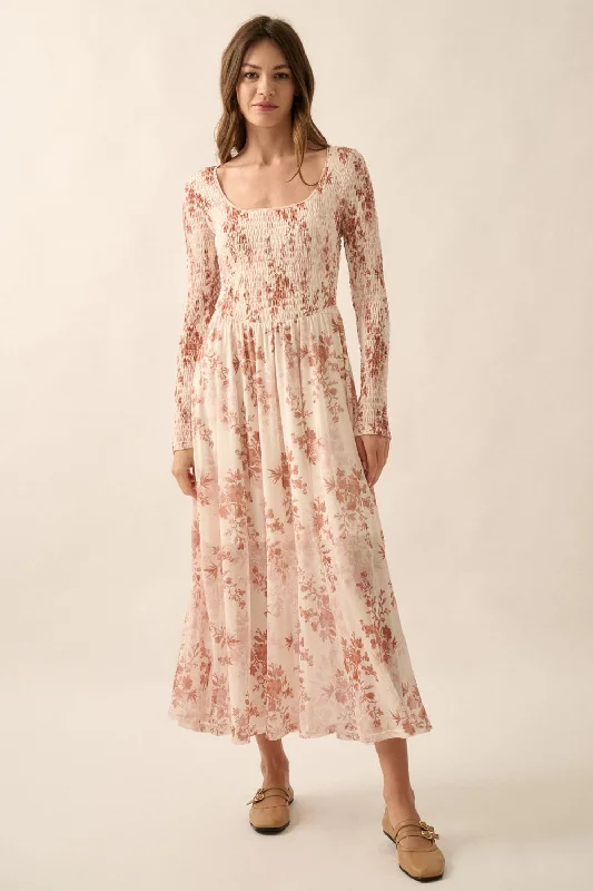 Women's Stylish Casual Garments Cream Floral Smocked Woven Maxi Dress