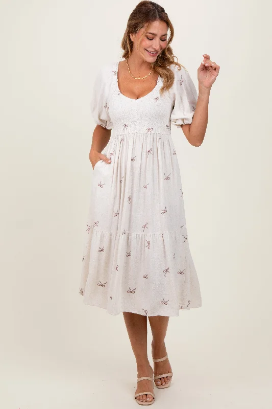 Plus Size Women's Fashion Cream Ribbon Print Smocked Midi Dress