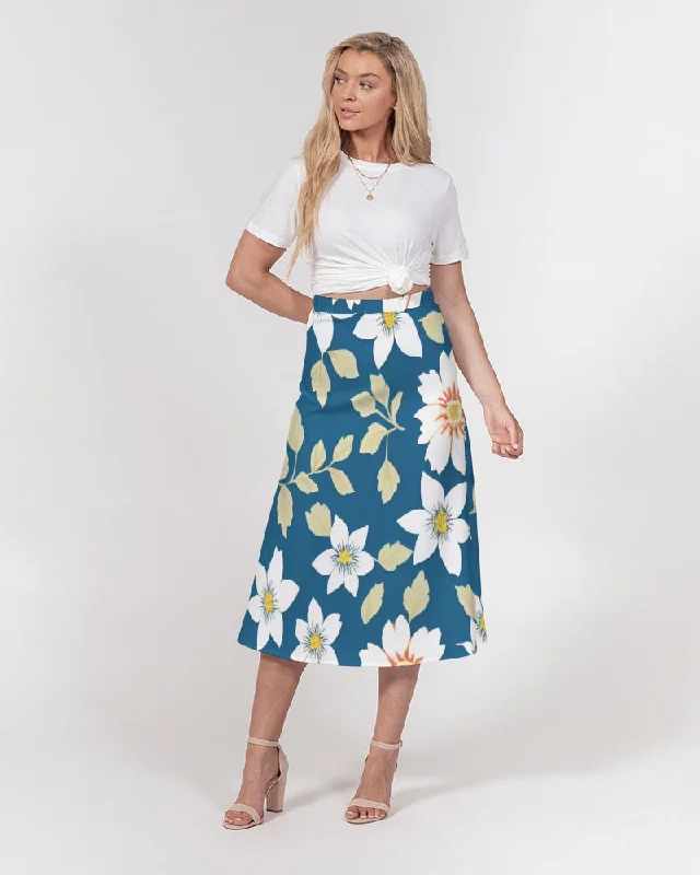 Women's Cozy Winter Attire Dark blue background and white flower pattern Women's All-Over Print A-Line Midi Skirt