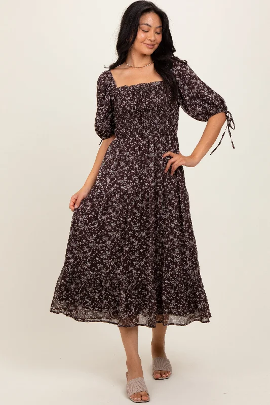 Women's Chic Outerwear Attire Dark Brown Floral Smocked Sleeve Tie Midi Dress