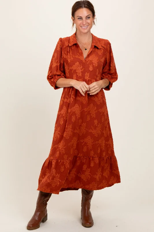 Women's Outerwear Garments Dark Orange Floral Applique Collared Midi Dress