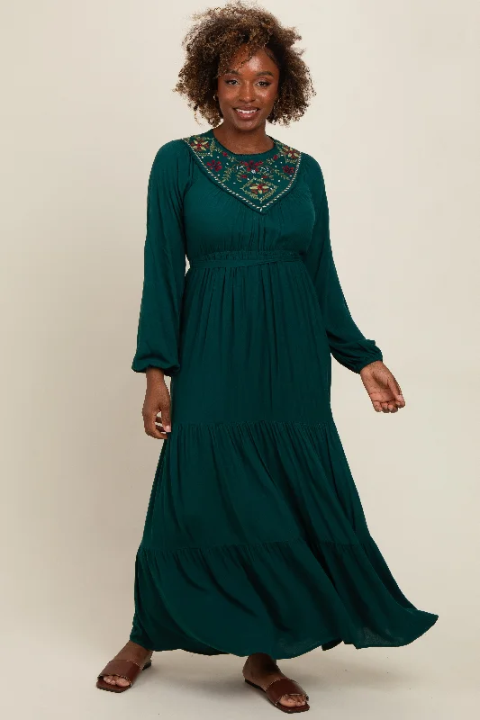 Holiday Special Offers Dark Teal Embroidered Tiered Maxi Dress