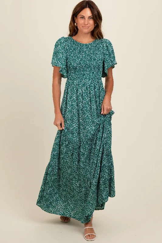 Women's Fashion Clothing Deep Teal Floral Smocked Flutter Sleeve Maxi Dress